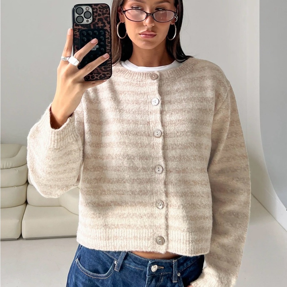 Raynna Button Up Cardigan Beige Stripe